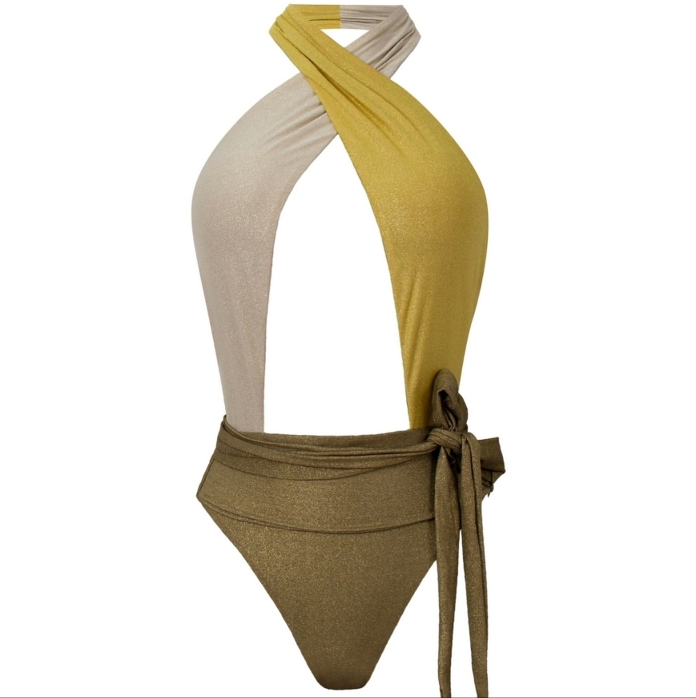 NWT PQ SWIM Alex Tricolor Halter One Piece Swimsuit Metallic Green Gold M - Picture 4 of 10